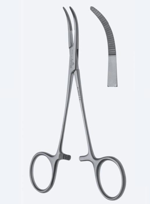 Зажими дисекційні та лігатурні, "Baby-Mixter", вигнуті, зубчасті щелепи, з кремальєрою, загальна довжина 135 мм. Бренд - Asanus Medizintechnik Gmb, Німеччина